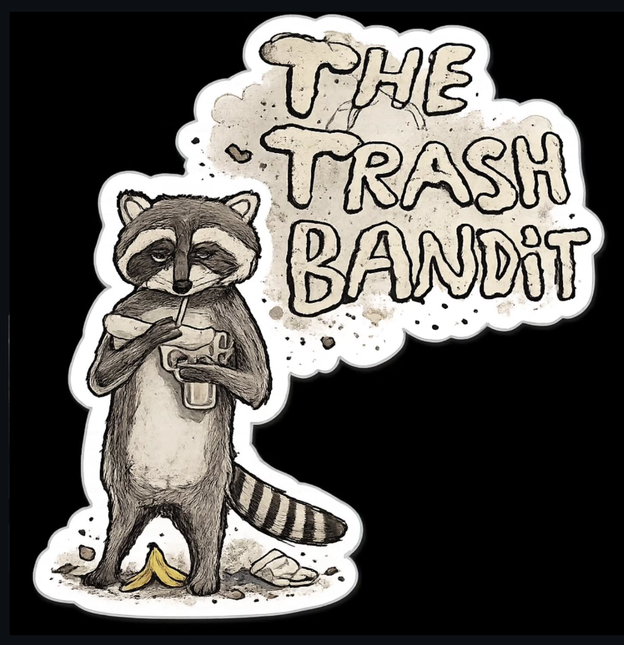 The Trash Bandit — a coffee-sipping raccoon, the Trashy Treasures mascot